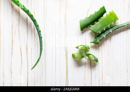 Aloe Vera Schichten auf einem weißen Holz- Hintergrund. Flach. Stockfoto