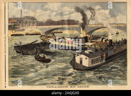 Kollision sur la Seine entre un bateau a Vapeur anglais et une Peniche Omnibus de Paris, à la hauteur du Pont Royal. Tiefdruck in "Le Petit Journal" 7/0 Stockfoto