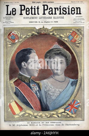 Portrait du roi Alphonse XIII d'Espagne et de la Reine Ena de Battenberg (Victoire Eugenie de Battenberg). Tiefdruck in "Le Petit Parisien', le 03/06/19. Stockfoto