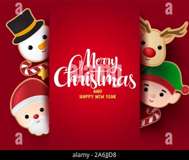 Gruß an Weihnachten vector Hintergrund Vorlage. Frohe Weihnachten Typografie mit Santa Claus, Schneemann, Rentiere und elf Lebkuchen cookie Elemente. Stock Vektor