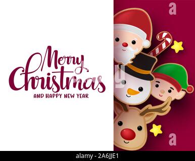 Weihnachten Grußkarte vector Hintergrund Vorlage. Frohe Weihnachten Typografie Text in leeren weißen Raum für Nachrichten mit Schneemann, Rentier, Weihnachtsmann. Stock Vektor