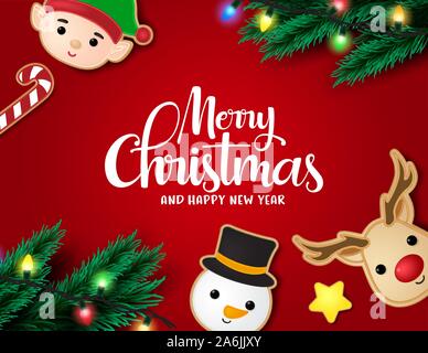 Weihnachten in roten Hintergrund Vektor banner Vorlage. Frohe Weihnachten Typografie mit Lebkuchen cookie Charakter der Rentiere, Schneemänner, elf, Candy Cane. Stock Vektor