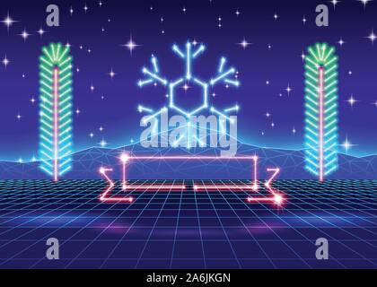 Weihnachtskarte mit 80er Jahre neon Schneeflocke Stock Vektor