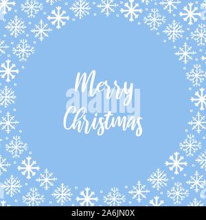 Vektor Winter Rahmen Hintergrund mit weißen Hand gezeichnet Schneeflocken auf blauem Hintergrund. Frohe Weihnachten hand Schriftzug Text. Winter, Neues Jahr design eleme Stock Vektor