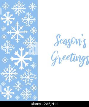 Vektor Hand gezeichnet Hintergrund mit weißen Schneeflocken auf blauem Hintergrund und kopieren Sie Platz für Text. Seasons greetings Hand beschriftete Text. Winter, Neues Jahr Stock Vektor