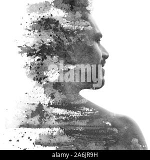 Paintography. Doppelte Belichtung Porträt eines Mannes mit starken Features mit handgefertigten Tuschemalerei von Pinselstrichen, die über Sein bac Auflösen kombiniert Stockfoto