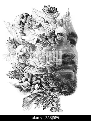 Paintography. Double Exposure. Close up Portrait von Menschen mit starken Funktionen und Licht Bart auflösen hinter hand Blumen Aquarell und Tusche gemalt Stockfoto