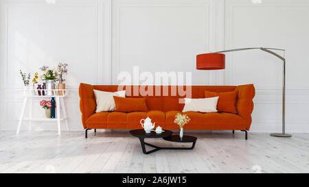 Moderne Innenausstattung aus einem Wohnzimmer im Haus Wohnung, Haus, Büro, hell orange Sofa, frische Blumen und moderne Details im Innenraum auf einer weißen Wand Stockfoto