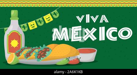 Viva Mexico Feier mit Tacos und tequila Flasche Stock Vektor