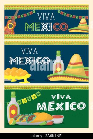 Viva Mexico Feier mit set Symbole Stock Vektor