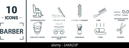 Friseur Icon Set. Kreative Elemente Schere, Schaum Bürste, Rasiermesser, Handtuch, Spiegel Symbole. Kann für den Bericht verwendet, Präsentation. Stock Vektor