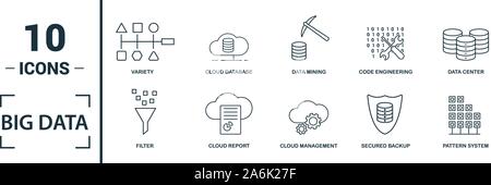 Big Data Icon Set. Gehören kreative Elemente Cloud Hosting, Cloud Management, Daten Wissenschaft, Muster, Mehrdeutigkeit Symbole. Kann für den Bericht verwendet werden. Stock Vektor