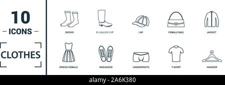 Kleidung Icon Set. Gehören kreative Elemente t-shirt, Jacke, Hose, Socken, Schuhe Symbole. Kann für Bericht, Präsentation, Grafik, Web Design Stock Vektor