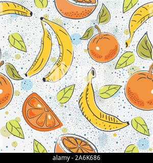 Nahtlose Muster mit Orangen und Bananen. Im skandinavischen Stil. Vector Illustration Stock Vektor