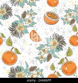 Nahtlose Muster mit Orangen und Bananen. Im skandinavischen Stil. Vector Illustration Stock Vektor