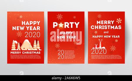 Merry Christmas Party Einladung Plakat Vorlage mit Bergen, Fichten, Geschenke und Kalligraphie Text auf rotem Hintergrund Stock Vektor