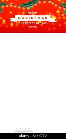 Frohe Weihnachten und guten Rutsch ins Neue Jahr design template Banner mit Zweig Tanne, Sterne und Papier Schneeflocken auf einem roten Hintergrund mit Hilfe für Web Banne Stock Vektor