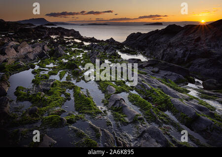 Schönen Sonnenuntergang auf felsigen Strand, an der Westküste Schottlands bei Ebbe. Pfützen von Meer Wasser zwischen den Felsen mit grünem Wachstum und Inseln. Stockfoto