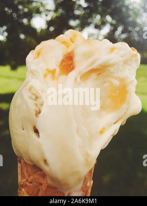 Köstliches Eis, Bio-Milch und selbstgemachtes Rezept Konzept - Eis schmelzen im Freien im Sommer süße Nachspeise essen im Urlaub Stockfoto