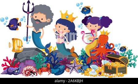 Meerjungfrauen und Fische unter Wasser auf weißem Hintergrund Abbildung Stock Vektor