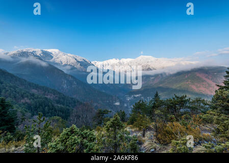 Landschaft am Berg Olymp mit Wald und den hohen Gipfeln im Hintergrund Stockfoto