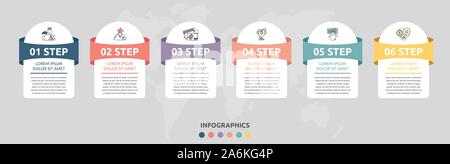 Vektor Infografik flachbild Vorlage. Rechtecke für sechs Diagramme, Graphen, Flussdiagramm, Timeline, Marketing, Präsentation. Business Konzept mit 6 Etiketten Stock Vektor