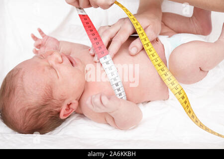 Kinderarzt untersucht zwei Wochen altes Baby. Arzt über Messung Klebeband Überprüfen des Neugeborenen Brust Größe. Neugeborene Check-up Konzept Stockfoto