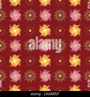 Muster mit abstrakten rosa und gelbe Blumen auf rotem Hintergrund. Stock Vektor