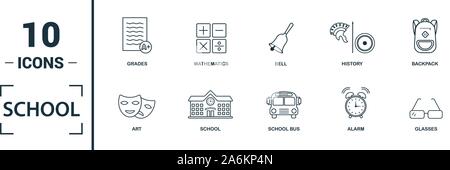 Schule Icon Set. Kreative Elemente der Schule, Bell, Alphabet, Geschichte, Kunst, Symbole. Kann für Bericht, Präsentation, Grafik, Web Design Stock Vektor