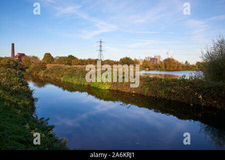 Die Coppermill Stream im Herbst auf Walthamstow Feuchtgebiete, nördlich von London, Großbritannien Stockfoto