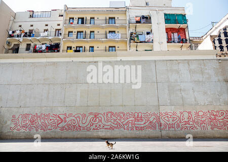 Barcelona Spanien,Katalonien Ciutat Vella,El Raval,Plaça de Salvador Segui,Keith Haring,Wandbild,Replik,AIDS-Bewusstsein,1989,öffentliche Kunst,Hund,ES190824050 Stockfoto