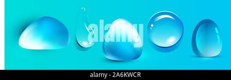 Transparente Wassertropfen auf einem blauen Hintergrund isoliert. Stock Vektor