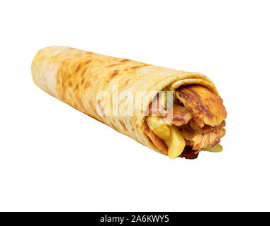 Traditionelle türkische Döner Fleisch. Shawarma oder Gyros. Türkisch, Griechisch oder nahöstlichen arabischen Stil chicken Döner essen auf Weiß isoliert. Stockfoto