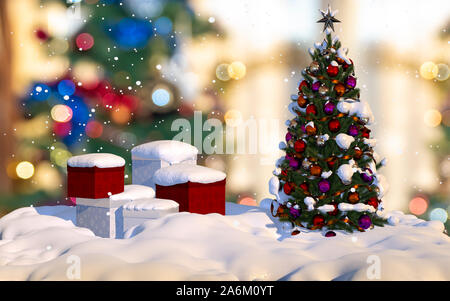 Weihnachten Hintergrund. Weihnachtsbaum und Geschenke im Schnee Stockfoto