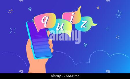Quiz Blasen auf mobile App Konzept Vector Illustration der menschlichen Hand smartphone Quiz fliegen aus dem Bildschirm. Leute fragen beantworten Onli Stock Vektor