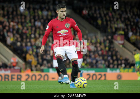 Norwich, UK. 26 Okt, 2019. Andreas Pereira von Manchester United in der Premier League Match zwischen Norwich City und Manchester United an der Carrow Road am 27. Oktober 2019 in Norwich, England. (Foto von Matt Bradshaw/phcimages.com) Credit: PHC Images/Alamy leben Nachrichten Stockfoto