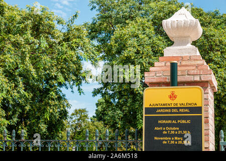 Valencia Spanien, lateinamerikanisches Latino, Trinitat, Jardines del Real, Jardins del Reial, Viveros Royal Garden, öffentlicher Stadtpark, Eingangstor, Öffnungszeiten Stockfoto