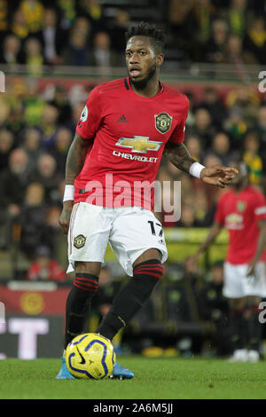 Norwich, UK. 26 Okt, 2019. Fred von Manchester United in der Premier League Match zwischen Norwich City und Manchester United an der Carrow Road am 27. Oktober 2019 in Norwich, England. (Foto von Matt Bradshaw/phcimages.com) Credit: PHC Images/Alamy leben Nachrichten Stockfoto