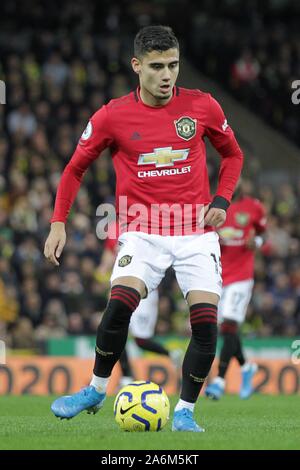 Norwich, UK. 26 Okt, 2019. Andreas Pereira von Manchester United in der Premier League Match zwischen Norwich City und Manchester United an der Carrow Road am 27. Oktober 2019 in Norwich, England. (Foto von Matt Bradshaw/phcimages.com) Credit: PHC Images/Alamy leben Nachrichten Stockfoto