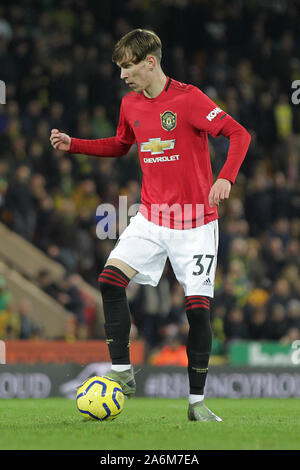 Norwich, UK. 26 Okt, 2019. James Garner von Manchester United in der Premier League Match zwischen Norwich City und Manchester United an der Carrow Road am 27. Oktober 2019 in Norwich, England. (Foto von Matt Bradshaw/phcimages.com) Credit: PHC Images/Alamy leben Nachrichten Stockfoto