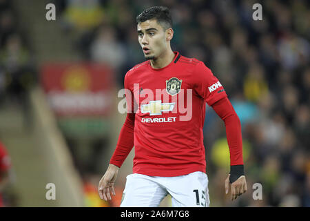 Norwich, UK. 26 Okt, 2019. Andreas Pereira von Manchester United in der Premier League Match zwischen Norwich City und Manchester United an der Carrow Road am 27. Oktober 2019 in Norwich, England. (Foto von Matt Bradshaw/phcimages.com) Credit: PHC Images/Alamy leben Nachrichten Stockfoto