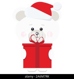 Süße Weihnachten Polar Bear rot Geschenk in Santa Claus red hat auf weißem Hintergrund in Cartoon Flat Style isoliert isoliert. Stock Vektor