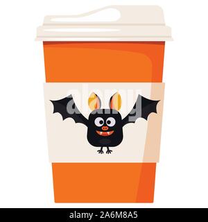 Vektor Papier Kaffee oder Tee Tasse dekoriert Cartoon süss lächelnd und fliegende Happy Halloween Schwarze Fledermaus auf weißem Hintergrund. Stock Vektor