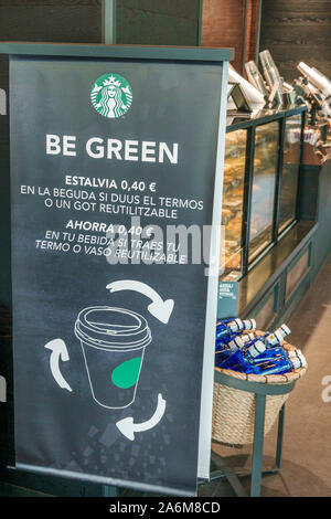 Barcelona Spanien, Catalonia Les Corts, Avinguda Diagonal, Starbucks, Café-Bar, Kaffeehaus, zweisprachiges Schild, Katalanisch, wiederverwendbare Tassen, ES190901005 Stockfoto