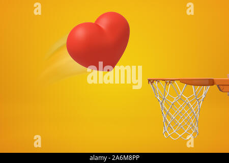 3D-Rendering von roten Herzen in Basketballkorb fliegen auf gelben Hintergrund. Digitale Kunst Gefühle und Emotionen. Liebe und Sport. Stockfoto