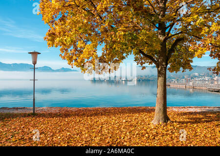 Malerischer Blick auf den Traunsee in Gmunden, OÖ, Österreich, an einem schönen Tag im Herbst mit einem orangefarbenen Baum im Vordergrund. Stockfoto