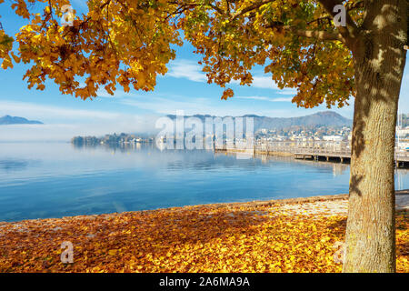 Malerischer Blick auf den Traunsee in Gmunden, OÖ, Österreich, an einem schönen Tag im Herbst mit einem orangefarbenen Baum im Vordergrund. Stockfoto