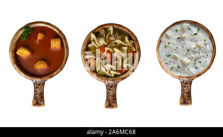 Ansicht von oben von drei Schüsseln Suppe Clam Chowder, Tomate und Chicken Noodle, isoliert auf Weiss. Stockfoto