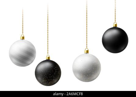 Realistische schwarze und weiße Weihnachten Kugeln hängen auf Gold Perlen Ketten auf weißem Hintergrund Stock Vektor