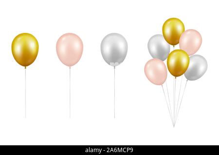 Vektor Realistische glänzend metallisch Golden, Pink, Weiß Ballon Set Closeup isoliert auf weißem Hintergrund. Bündel, Gruppe. Design Template von Durchscheinenden Stock Vektor